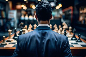 Strategic Mindset of a Businessman Overlooking a Chess Game: Leadership and Decision-Making Concepts
