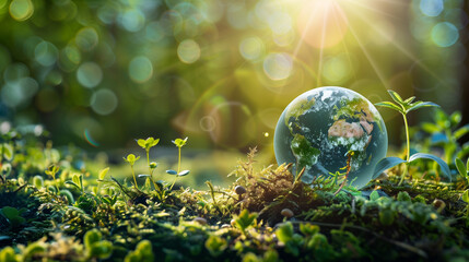 Obraz na płótnie Canvas A globe nestled in lush greenery under a radiant sunbeam