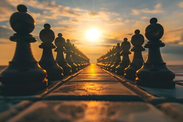 Strategic Chess Game at Sunset: Chess Pieces Aligned on Board with Golden Hour Light