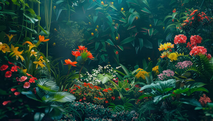 A garden full of flowers with a bright orange flower in the middle