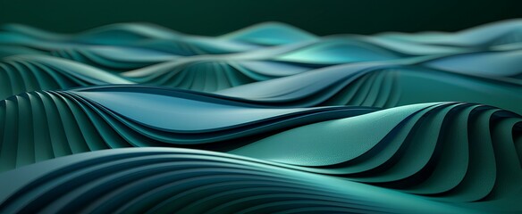bright green and dark blue metallic holographic surfaces wavy abstract layers of thin sheets, iridescent pearl, smooth free-flowing lines, dark blue background. generative AI
