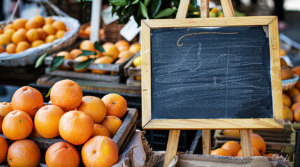 Counter on farmer's market with fresh organic oranges, empty chalk board for inscription. Copy...
