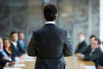 Corporate Presentation in Progress: Back View of a Businessman Addressing Colleagues in a Meeting Room
