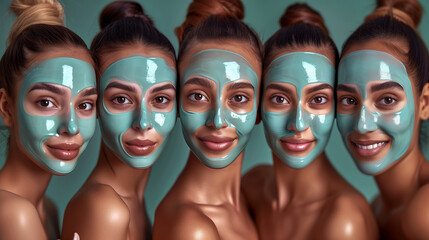 five women with facial masks enjoy a shared beauty treatment