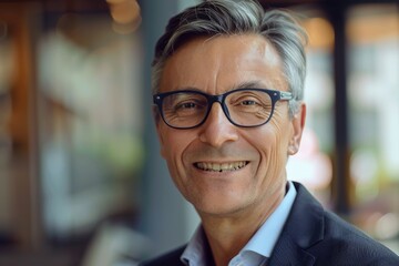 Business portrait - confident middle aged businessman smiling. Happy mid adult older man with gray hair in glasses. Copy space .. Beautiful simple AI generated image in 4K, unique.