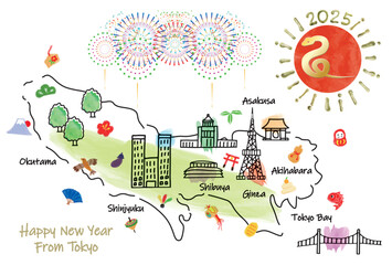 東京の観光地のイラストマップ年賀状2025年