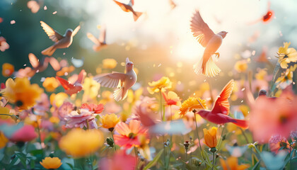 A group of hummingbirds flying over a field of flowers