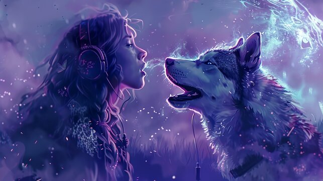Image of a husky  howling with her owner