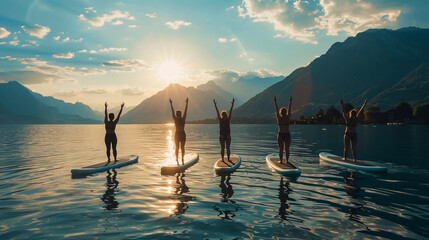 Five adults perform yoga on stand-up paddleboards in a serene lake setting, surrounded by lush mountains and clear waters, demonstrating balance and tranquility. - Powered by Adobe