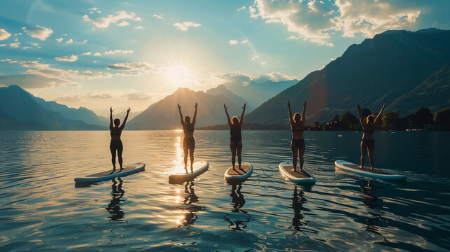 Five adults perform yoga on stand-up paddleboards in a serene lake setting, surrounded by lush mountains and clear waters, demonstrating balance and tranquility.