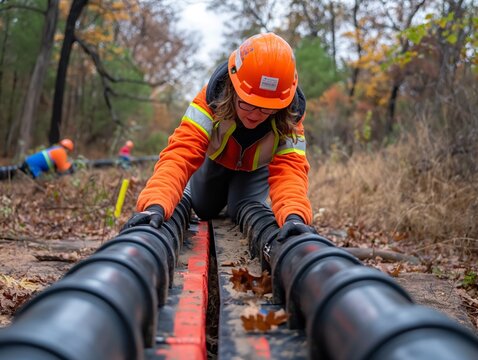 A woman in an orange jacket is bending over to work on a pipe. The scene is set in a forest, with trees in the background. The woman is wearing a hard hat and safety gear
