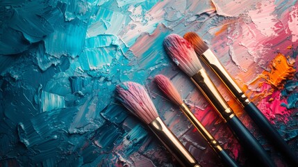 Fototapeta premium Vibrant Paintbrush Trio on Colorful Background with Paint Splotches and Splatters