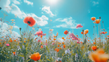 A field of flowers with a bright sun shining down on them