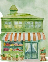 Watercolor of old typical european green grocer store from de 70’s. Generative Ai - 783712741