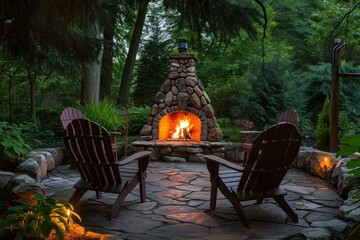 Obraz premium Durable Backyard fireplace wood chairs. Plant furniture. Generate Ai