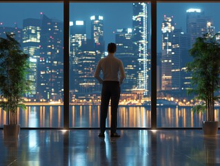A man in a suit stands in front of a window looking out at the city. The scene is set in a large office building with a view of the city skyline. The man is lost in thought