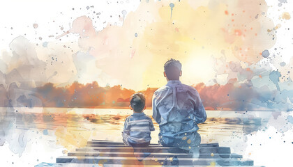 A man and a child are sitting on a dock by the water - obrazy, fototapety, plakaty