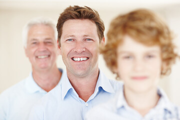 Row, father and grandfather or son portrait with smile for bonding, love and relax with generations. Happy family, men and boy child with blur for support, care and together with confidence and pride