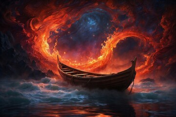 A boat is floating in a sea of fire and smoke - Powered by Adobe