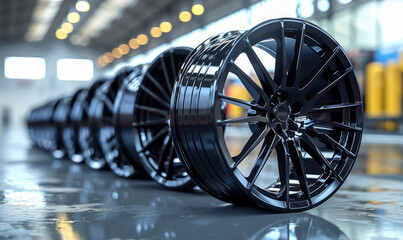 Awesome cool designed car rims standing in a straight line