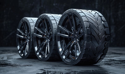 Fototapeta na wymiar Awesome cool designed car rims standing in a straight line