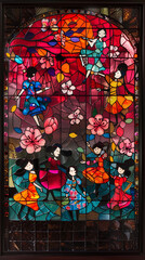 Pop art stained glass window, dancing girls & cherry blossoms. Spring vibes. abstract background