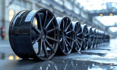 Awesome cool designed car rims standing in a straight line - obrazy, fototapety, plakaty