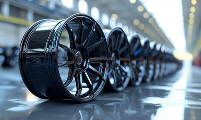 Awesome cool designed car rims standing in a straight line