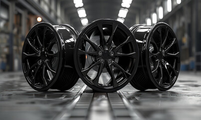 Awesome cool designed car rims standing in a straight line - obrazy, fototapety, plakaty