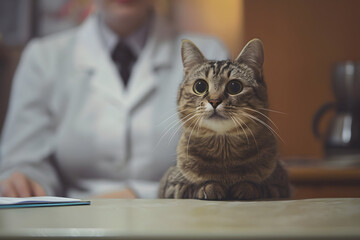 Felidae cat with whiskers and fur sitting in front of vet