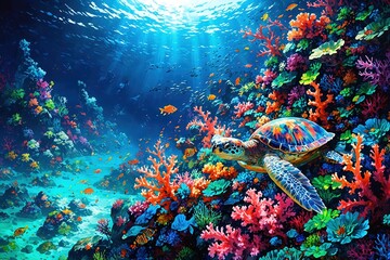 Fototapeta na wymiar A colorful turtle is swimming in a coral reef with many fish