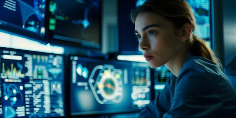Aerospace engineer woman in modern lab analyzing data spacecraft design and aircraft innovation