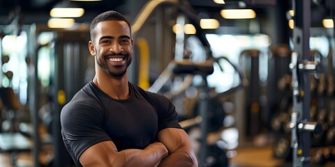 African american male fitness personal trainer standing in gym arms crossed, diversity, copy space