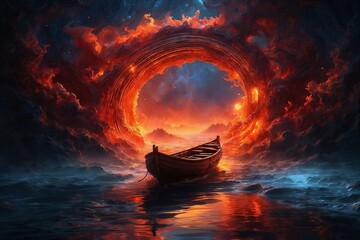A boat is floating in a large, red, glowing hole in the sky