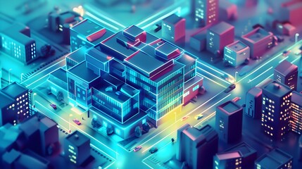 Obraz premium 3d digital isometric futuristic city model plan with cars, property development