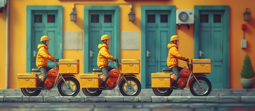 3d bike fast delivery courier service multi stop fast, yellow blue, reliable service concept
