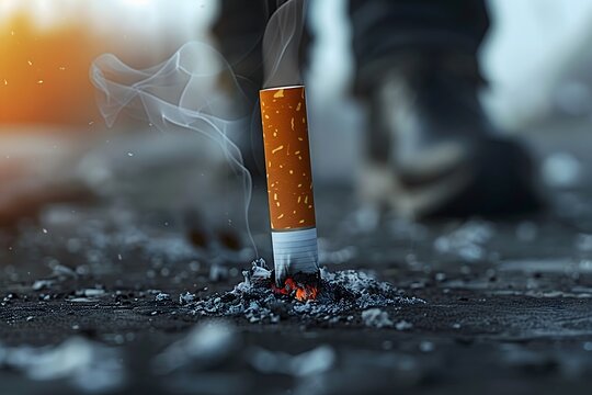 Lit cigarette on street floor with ashes macro view,  quit smoking world no tobacco day concept