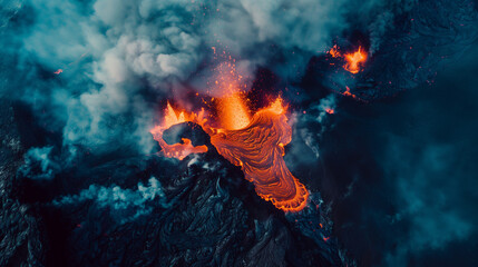 Aerial view of an active volcano erupting with flowing lava and smoke against a dramatic landscape....