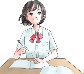 勉強する夏服姿の女子学生のイラスト