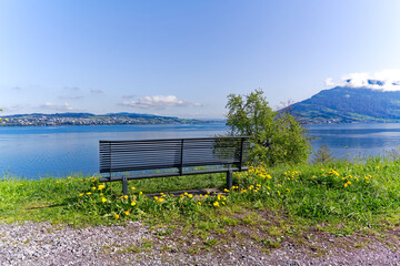 Idyllic landscape with metal bench and Swiss Lake Lucerne with mountain panorama and mount Rigi in the background on a sunny spring day. Photo taken April 11th, 2024, Kehrsiten, Stansstad, Switzerland
