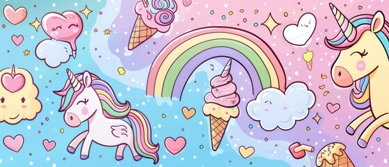 illustration of cute unicorn princess cartoon with soft pastel colors, rainbow, hearts, clouds and ice cream on blue sky stars background created with Generative AI Technology