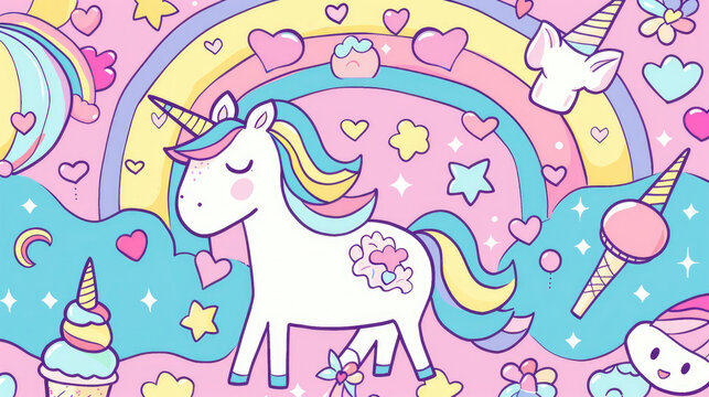illustration of cute unicorn princess cartoon with soft pastel colors, rainbow, hearts, clouds and ice cream on blue sky stars background created with Generative AI Technology