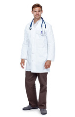 Hospital, doctor and portrait of man on a white background for medical career, job and care in studio. Professional, healthcare and person with stethoscope for cardiology, consult service or wellness - obrazy, fototapety, plakaty