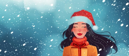 Woman wearing santa hat holding a gift outdoors in snowy winter scene