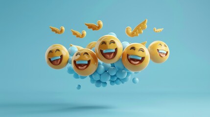 A cluster of smiling emoji faces with wings attached   AI generated illustration