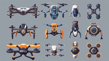 A collection of flying robots with different accessories   AI generated illustration
