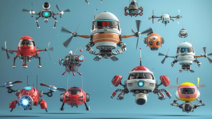A collection of flying robots with propellers on top   AI generated illustration