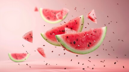 A flying watermelon slice with seeds  AI generated illustration