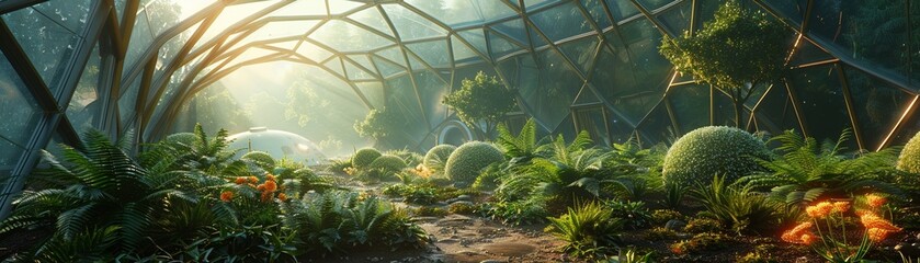 Space colony greenhouse, biodome with Earths flora, preserving nature off-worlder - obrazy, fototapety, plakaty