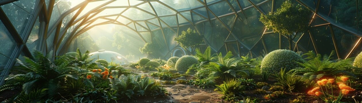 Space colony greenhouse, biodome with Earths flora, preserving nature off-worlder
